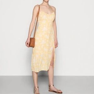 Abercrombie and Fitch Yellow Tie-Strap Ruched Floral Midi Dress
